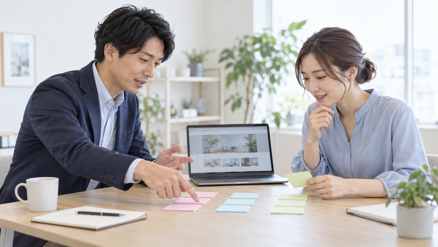 付箋とサイト画面を見ながら改善の優先順位を相談するイメージ