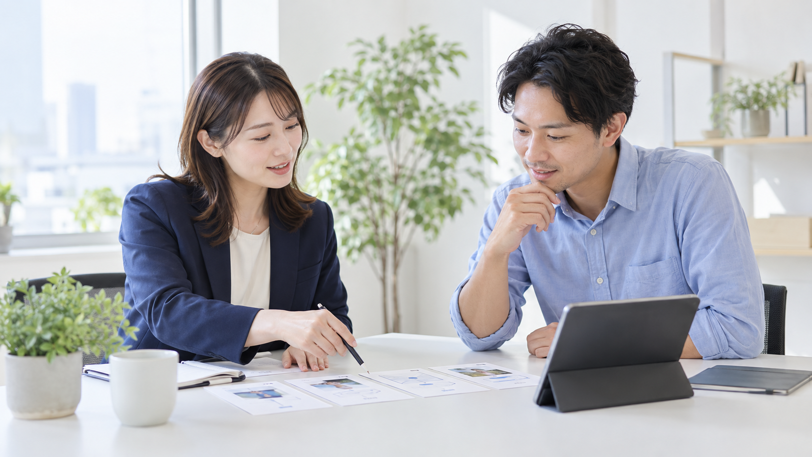 お客様の課題と商品価値を一緒に検討する打ち合わせのイメージ