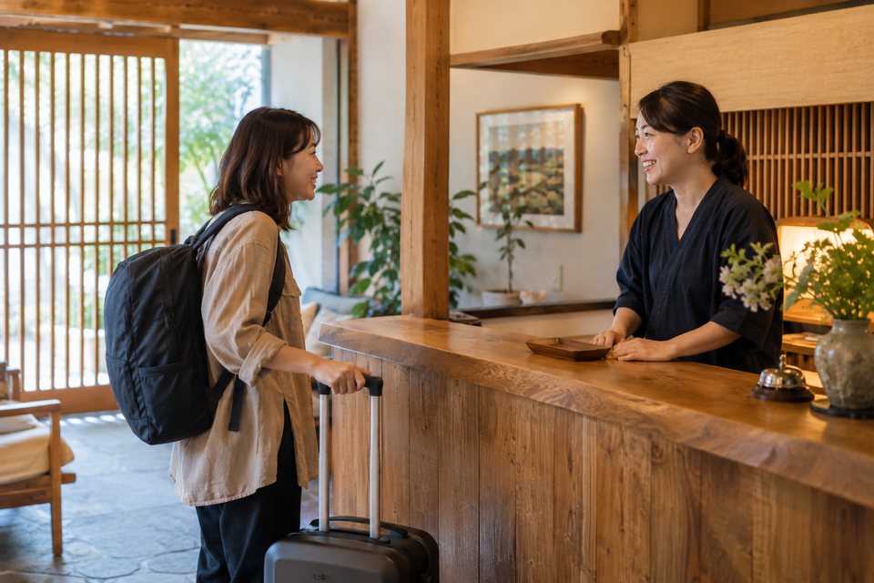 チェックインの方法を案内する宿（AI生成イメージ）