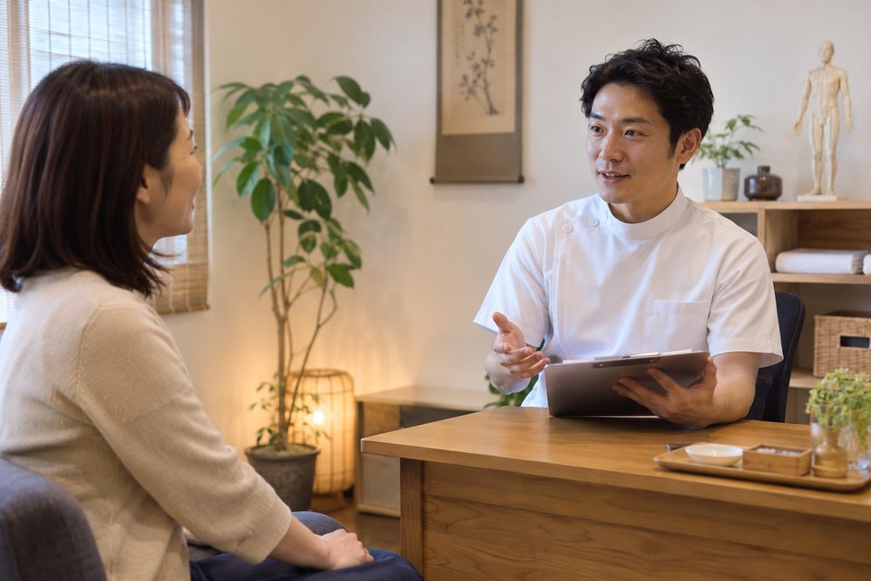 鍼灸院で施術前に相談する場面の撮影見本(AI生成)