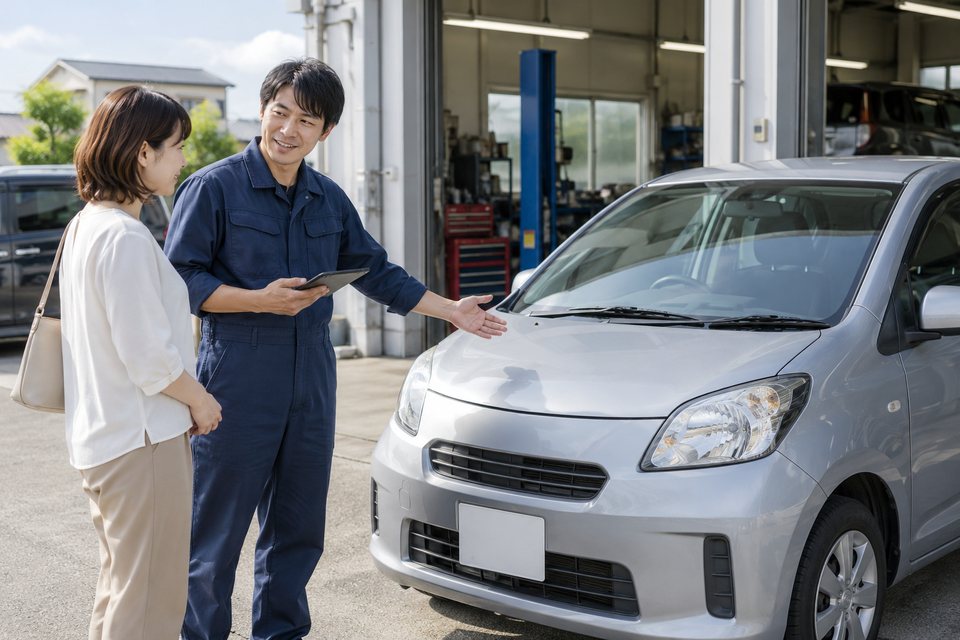 入庫前に車両と作業を確認する場面の撮影見本(AI生成)