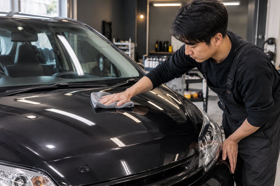 コーティング後の車体を確認する場面の撮影見本(AI生成)