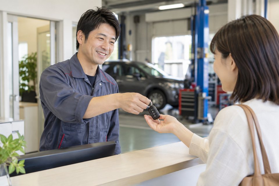 車の引き渡しを案内するスタッフ（AI生成イメージ）