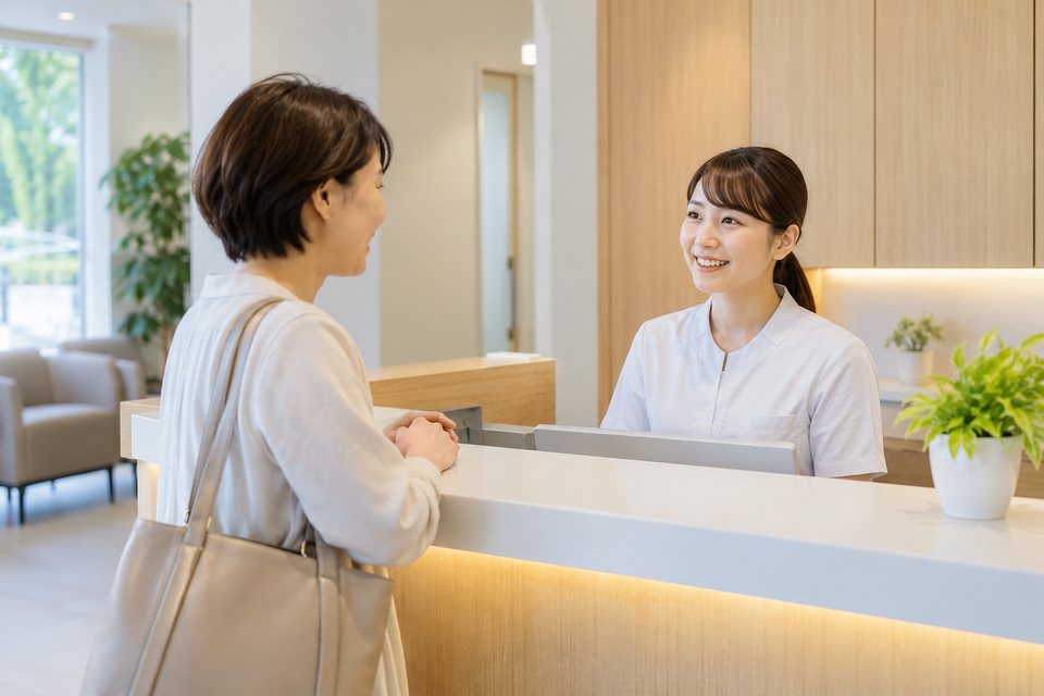 受付で相談内容を伝えるクリニックの撮影見本(AI生成)