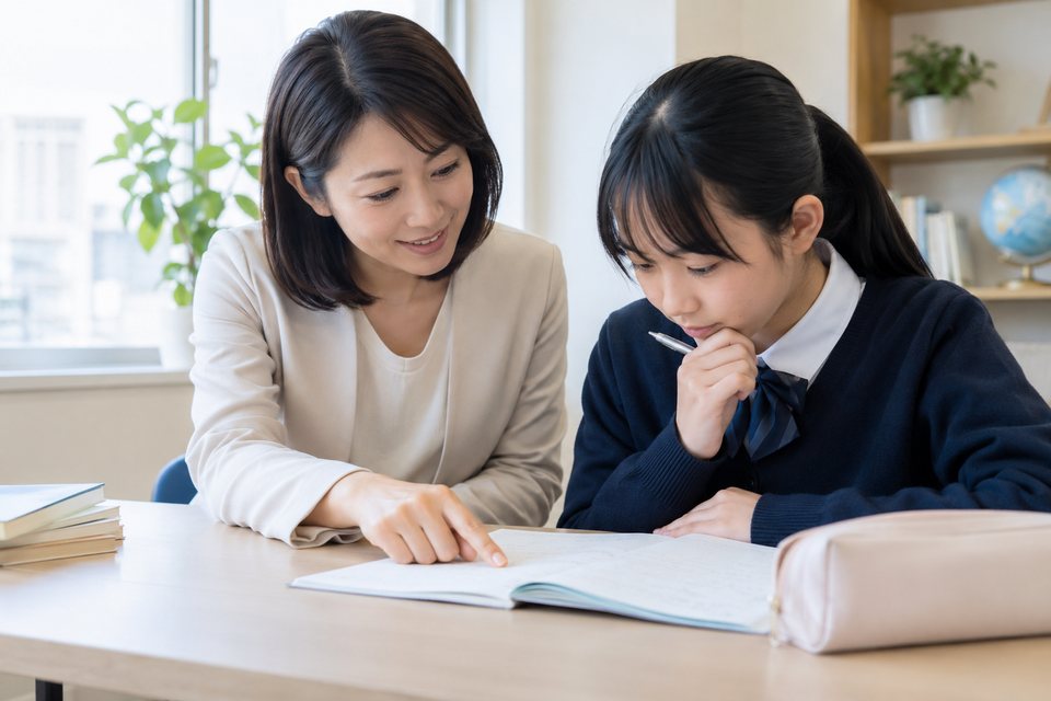 説明から演習に進む個別指導の撮影見本(AI生成)