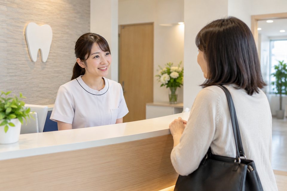 初診の相談を聞く歯科スタッフの撮影見本(AI生成)