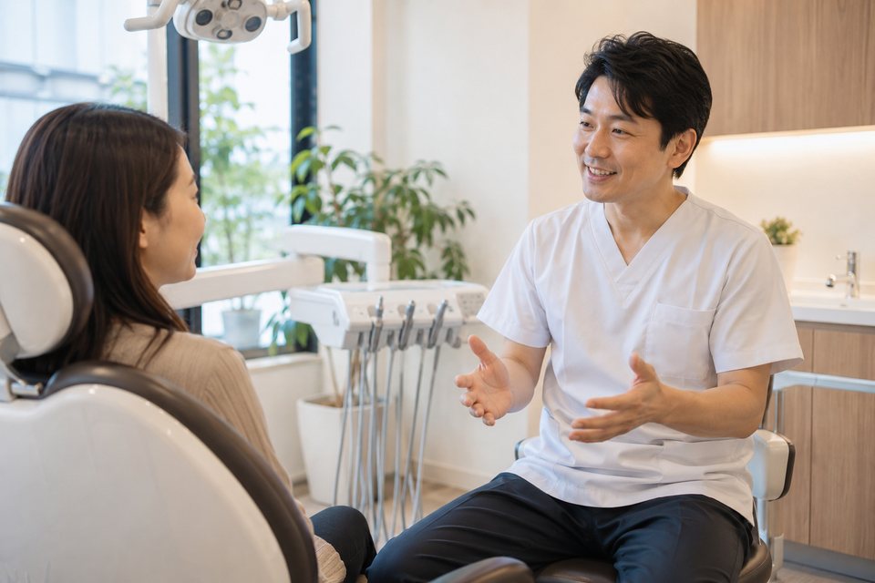 初診の流れを説明する歯科医師（AI生成イメージ）