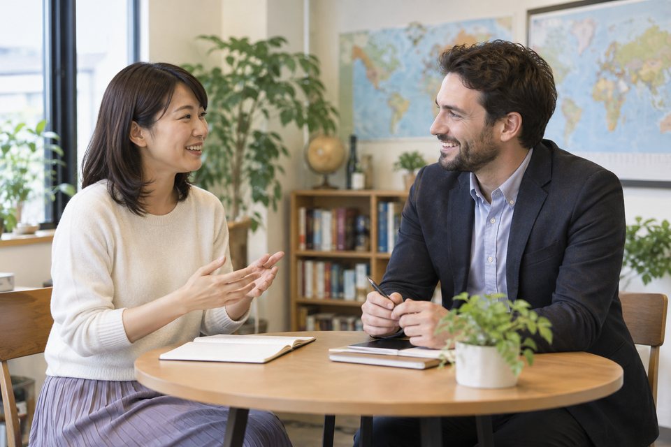 目的に合わせた英会話のカウンセリングの撮影見本(AI生成)