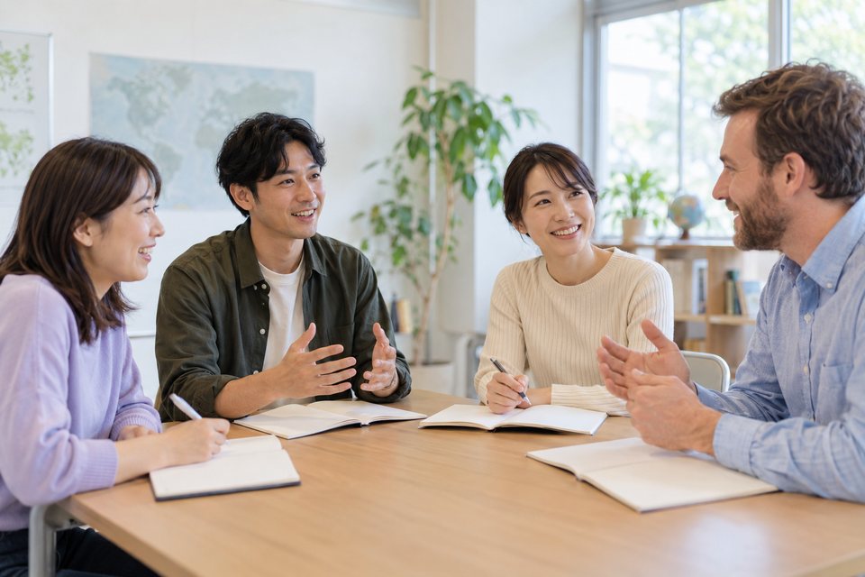 少人数で会話する英会話レッスンの撮影見本(AI生成)