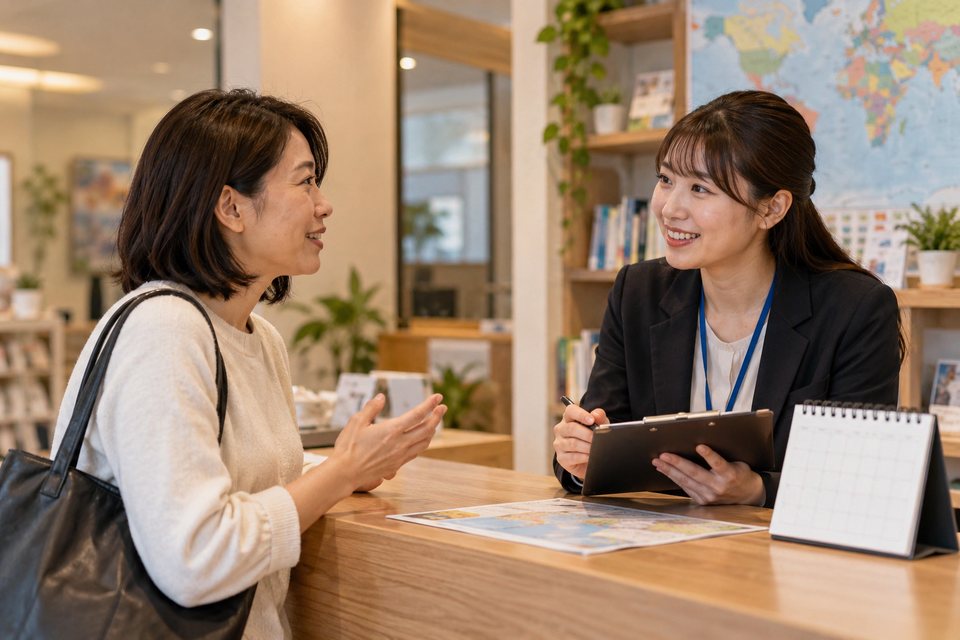 通える曜日を相談する英会話教室（AI生成イメージ）
