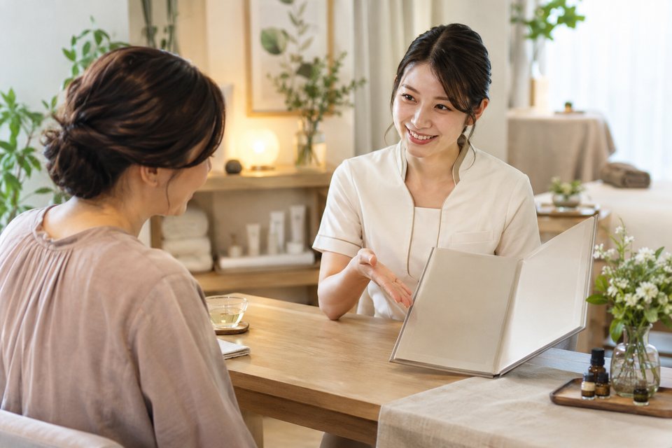 エステの体験コースを案内するスタッフ（AI生成イメージ）