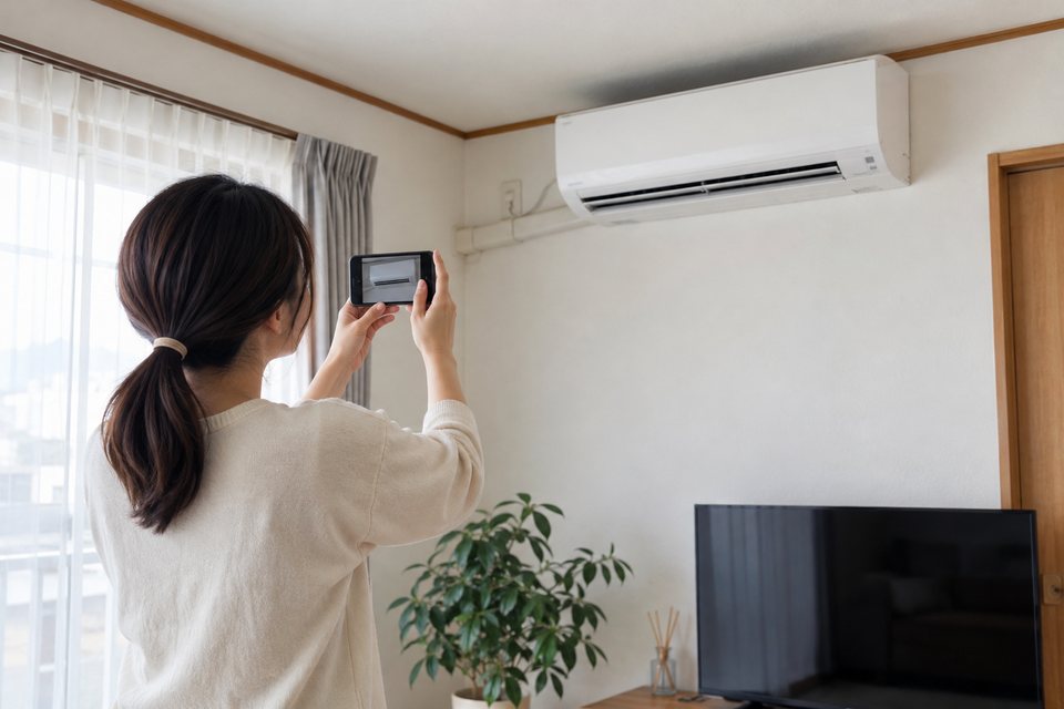 エアコンの型番と設置状況を確認する場面の撮影見本(AI生成)