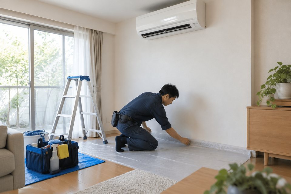 養生して作業を準備する清掃スタッフの撮影見本(AI生成)