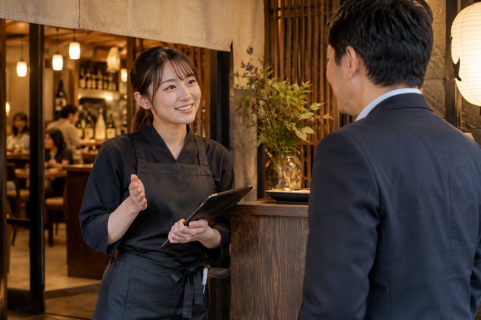 宴会予約の相談を受ける居酒屋スタッフ（AI生成イメージ）