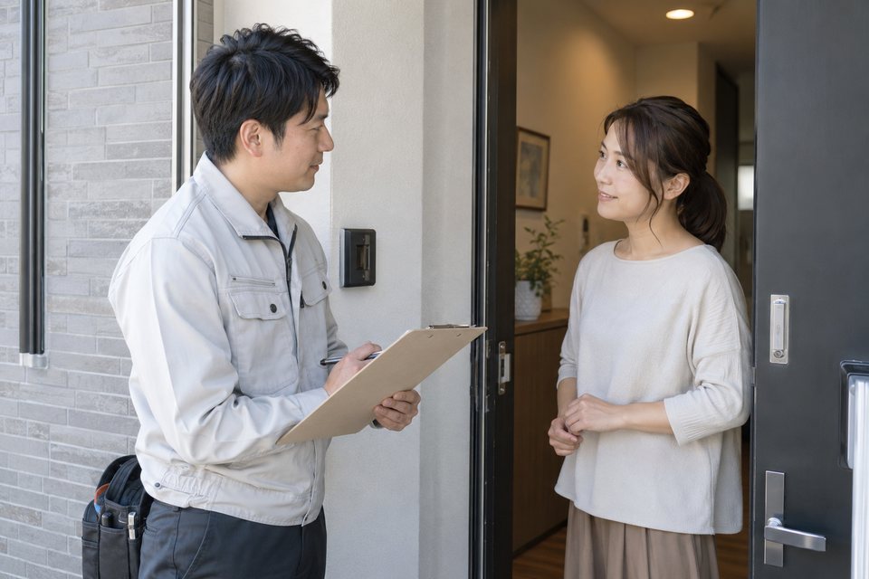 訪問時に依頼内容を確認する場面（AI生成イメージ）