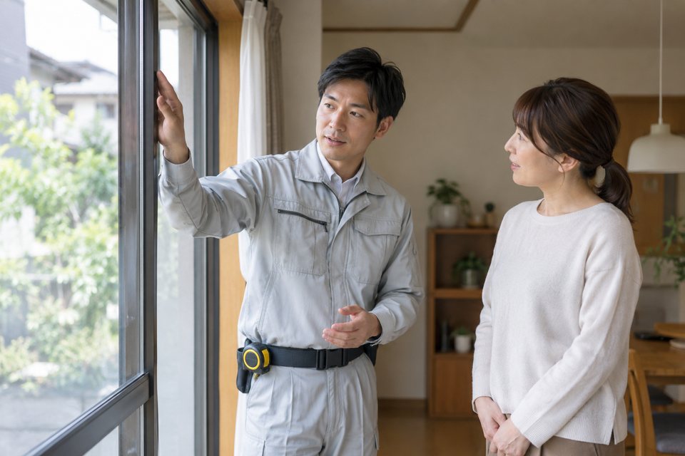 ガラスの交換内容を説明する修理担当者の撮影見本(AI生成)