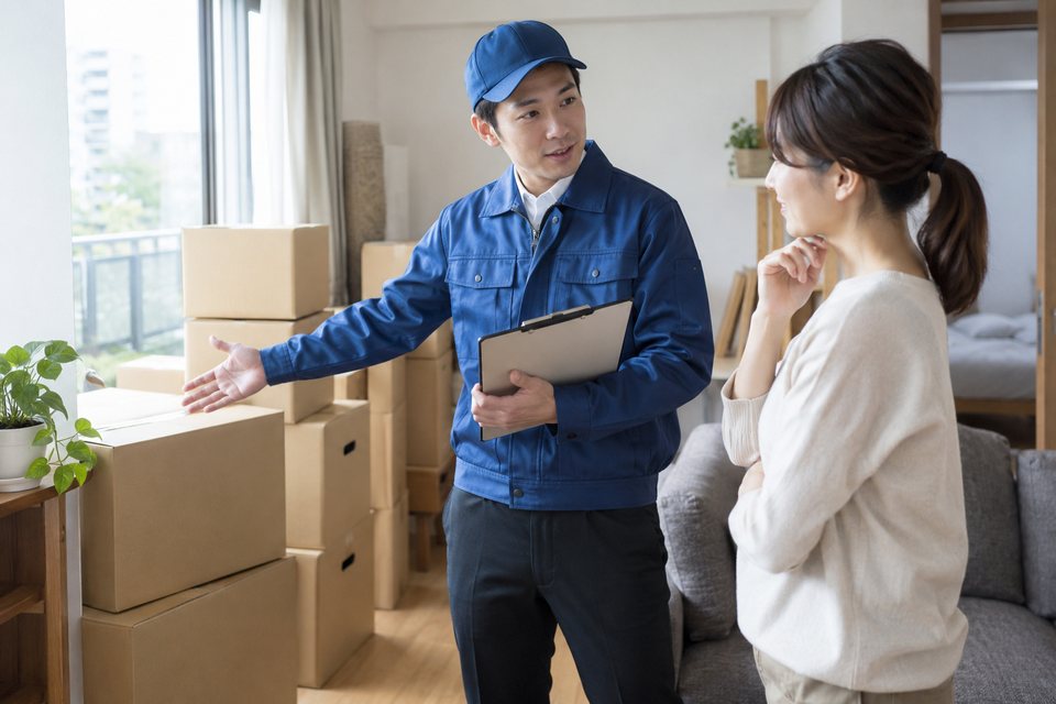 荷物の量と建物の条件を確認する場面（AI生成イメージ）