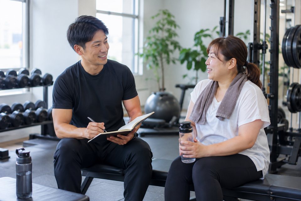 生活や目標をトレーナーに相談する場面の撮影見本(AI生成)