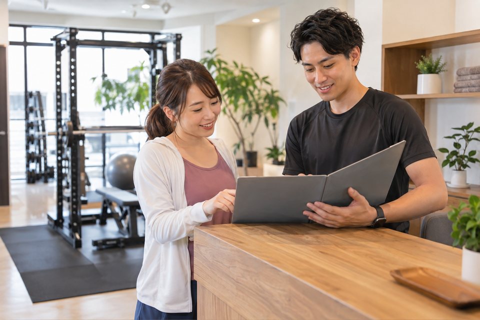 予約や通う回数を相談するジムの受付（AI生成イメージ）