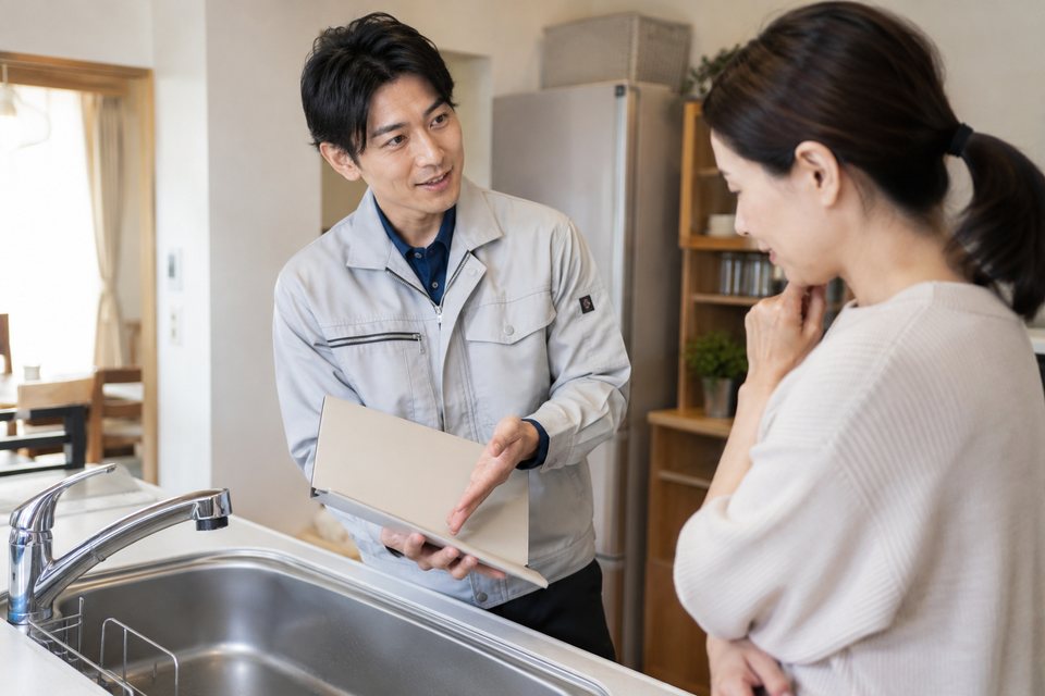 作業前に見積もりを説明する場面の撮影見本(AI生成)
