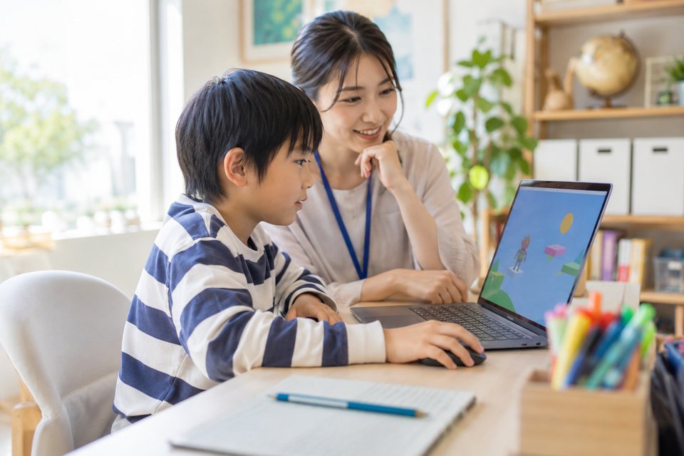 キャラクターを動かすプログラミング授業の撮影見本(AI生成)
