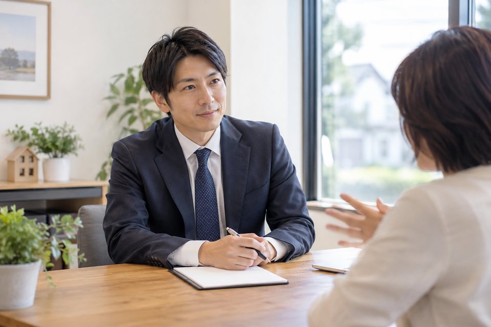 住み替えの希望を聞く不動産担当者（AI生成イメージ）