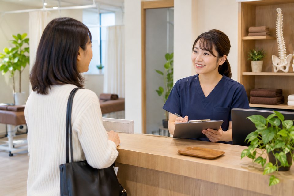 整骨院の受付で相談する場面の撮影見本(AI生成)