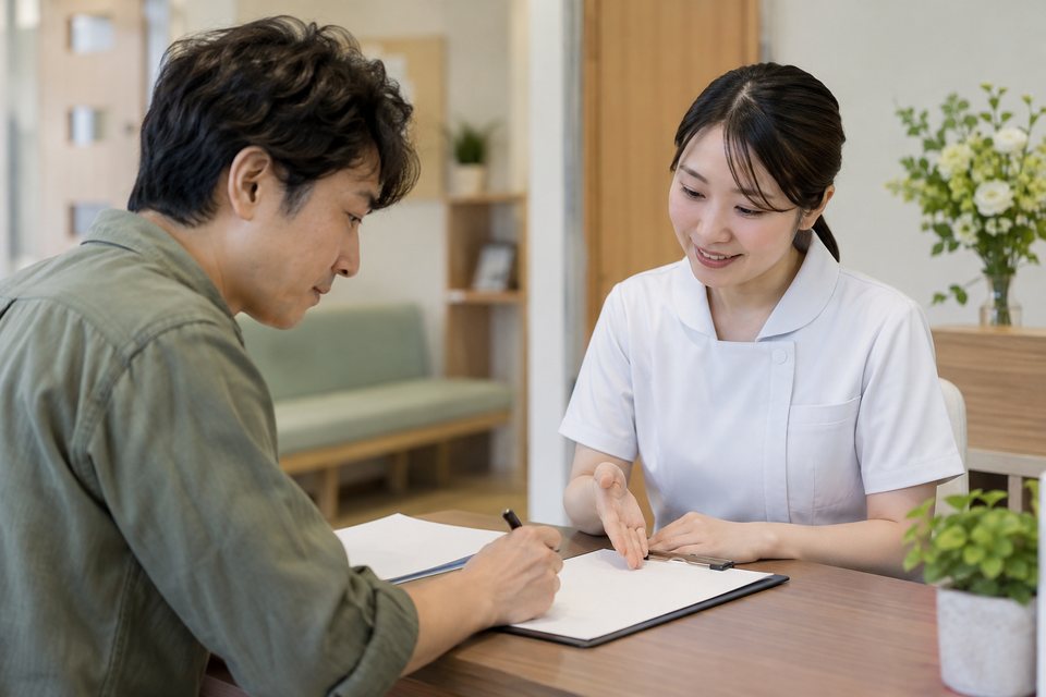 費用の条件を確認するカウンセリングの撮影見本(AI生成)