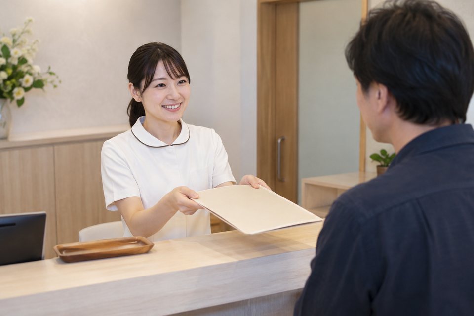 整体の料金を受付で確認する場面（AI生成イメージ）