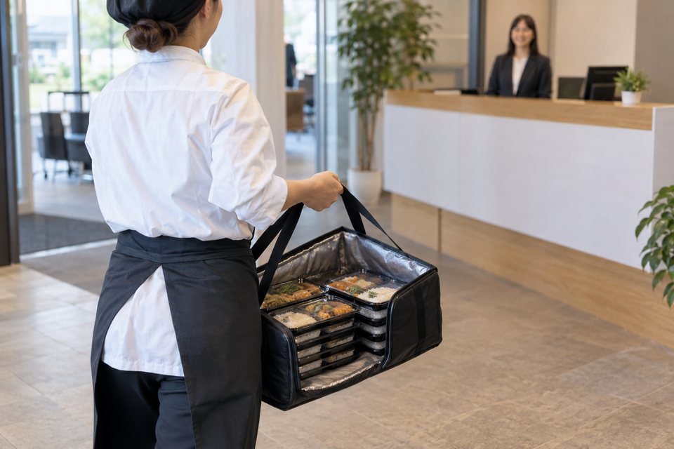 団体注文の弁当を配達する場面（AI生成イメージ）