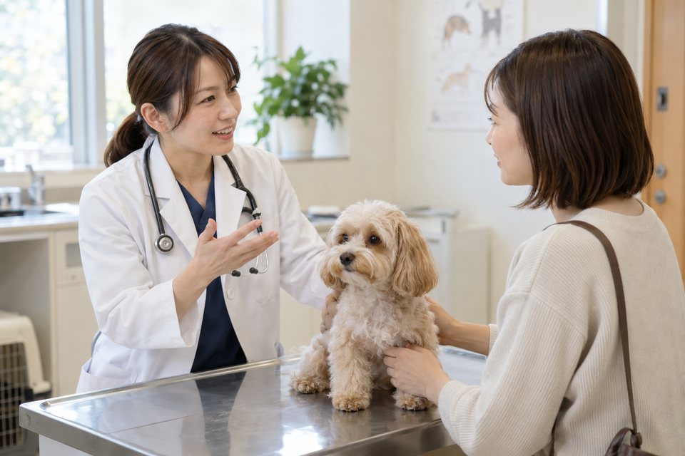 動物の種類に合わせて相談する動物病院の撮影見本(AI生成)