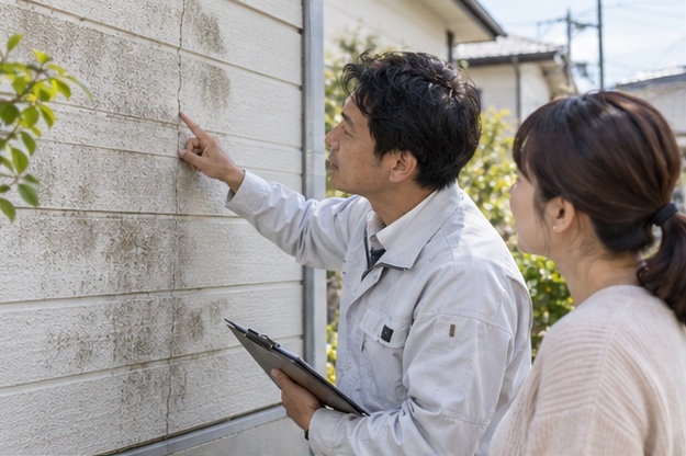 外壁のひび割れを現地確認する場面(AI生成イメージ)