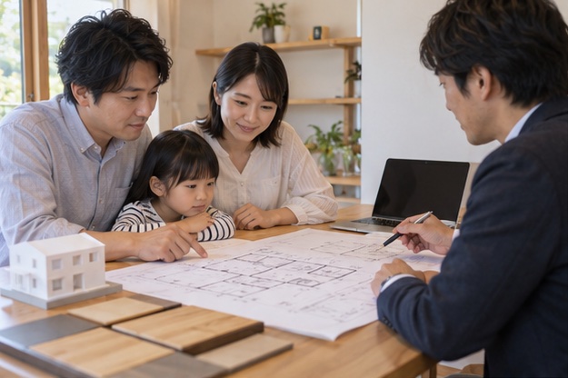 家族と間取りを相談する場面(AI生成イメージ)