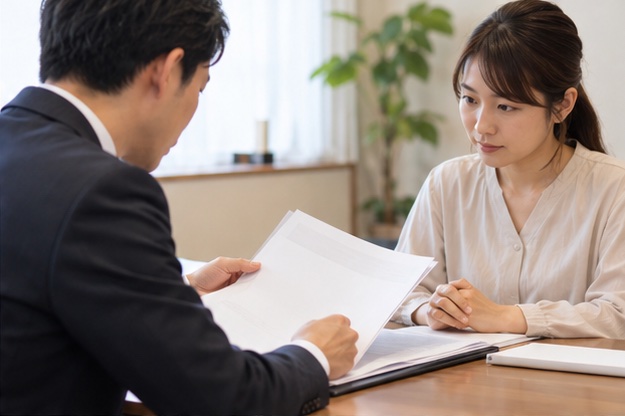 初回相談での資料確認（AI生成イメージ）