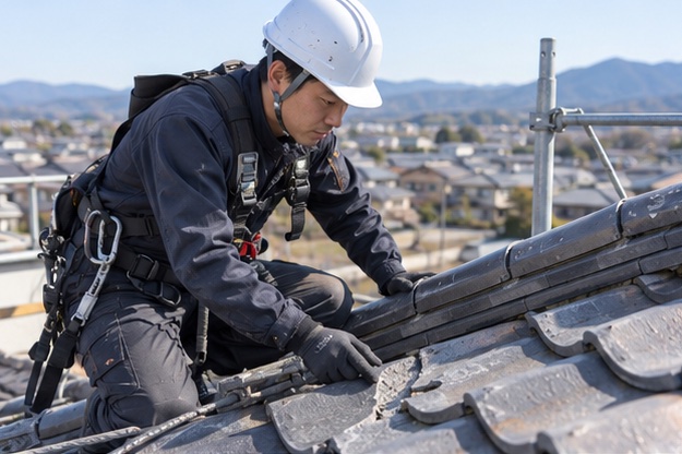屋根材の傷みを確認する場面(AI生成イメージ)