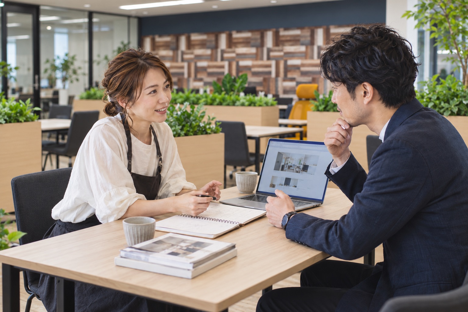 当社オフィスのオープンスペースで美容室のオーナーと制作担当者が相談するイメージ（AI生成）
