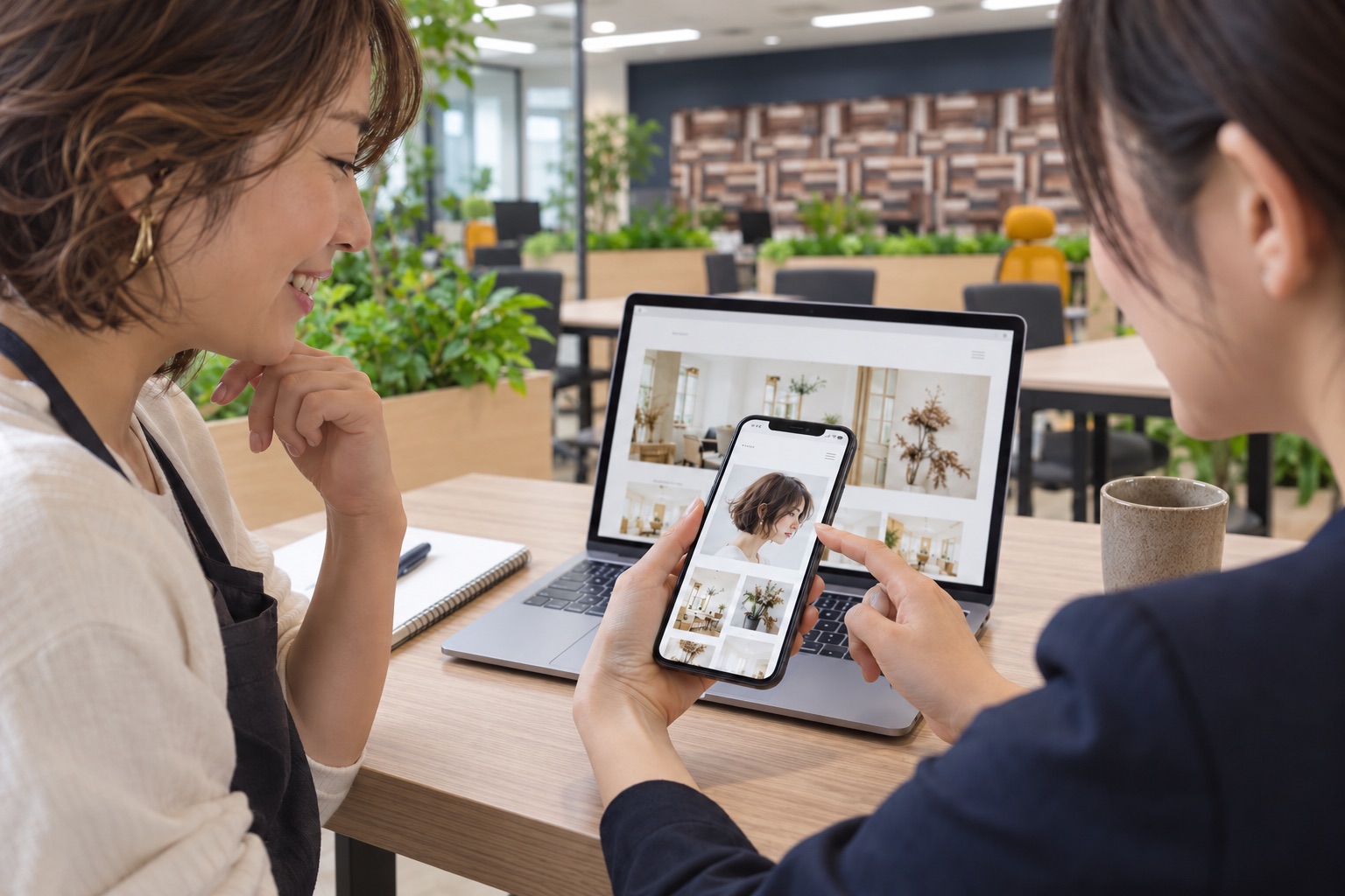 スマートフォンとパソコンでサイトを確認するイメージ（AI生成）
