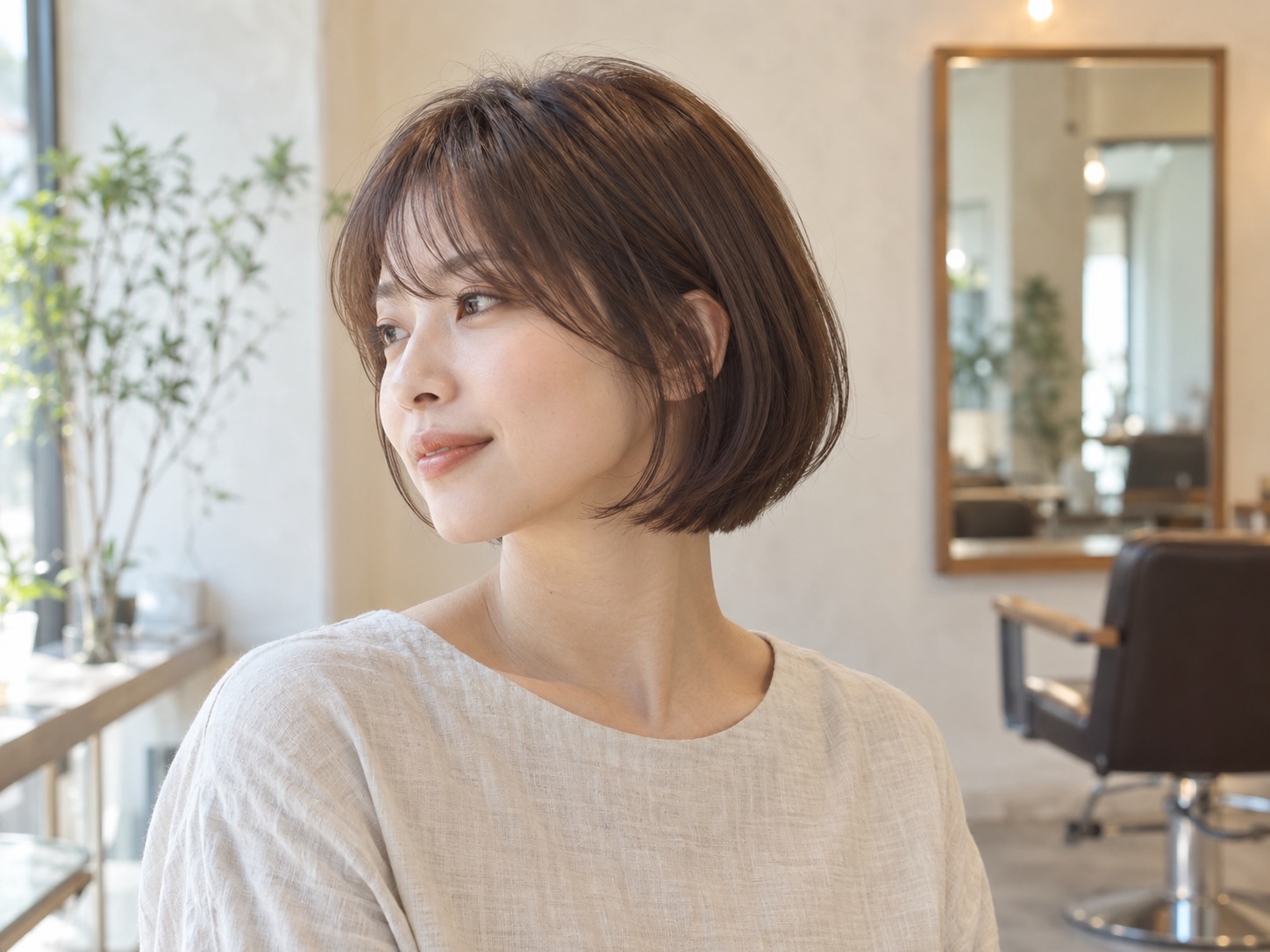 ボブの形と毛先が分かる仕上がり写真の撮影見本(AI生成)