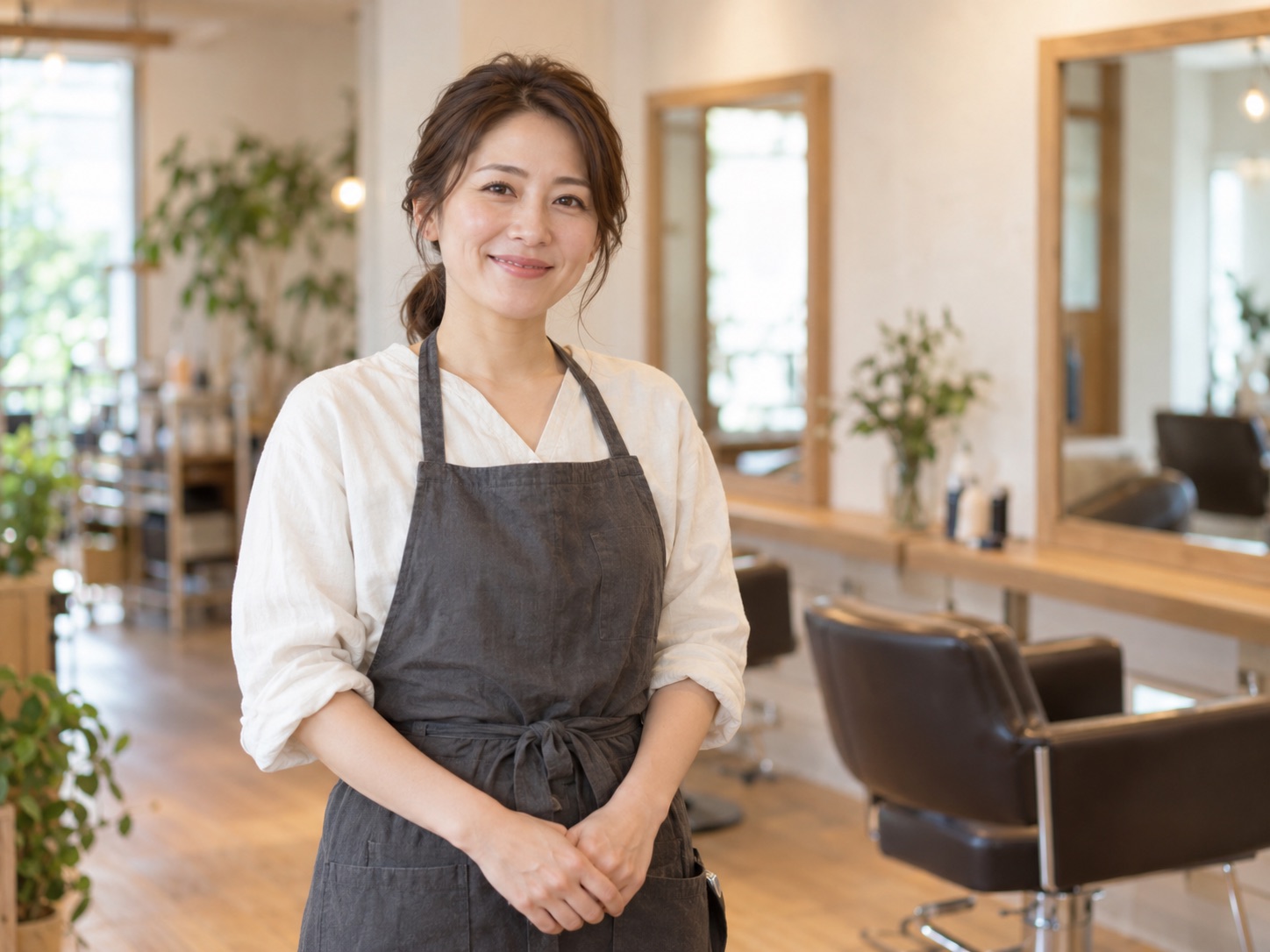 美容室内で自然な表情を見せるスタッフの撮影見本(AI生成)