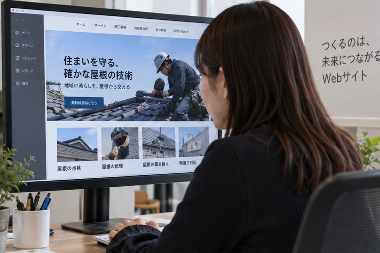 屋根工事会社のホームページ構成・デザイン制作（AI生成イメージ）