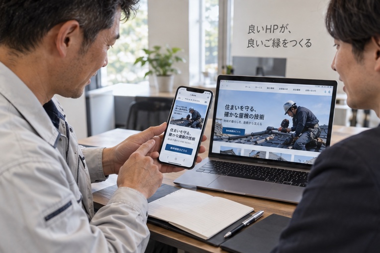 屋根工事会社のホームページ公開前の表示確認（AI生成イメージ）