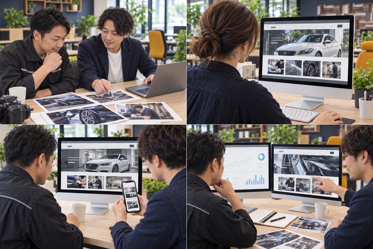 自動車整備・コーティングの担当者と制作担当者が写真や資料を見ながら相談するイメージ（AI生成）