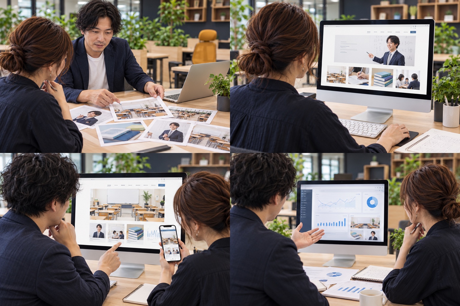 学習塾の担当者と制作担当者が写真や資料を見ながら相談するイメージ（AI生成）