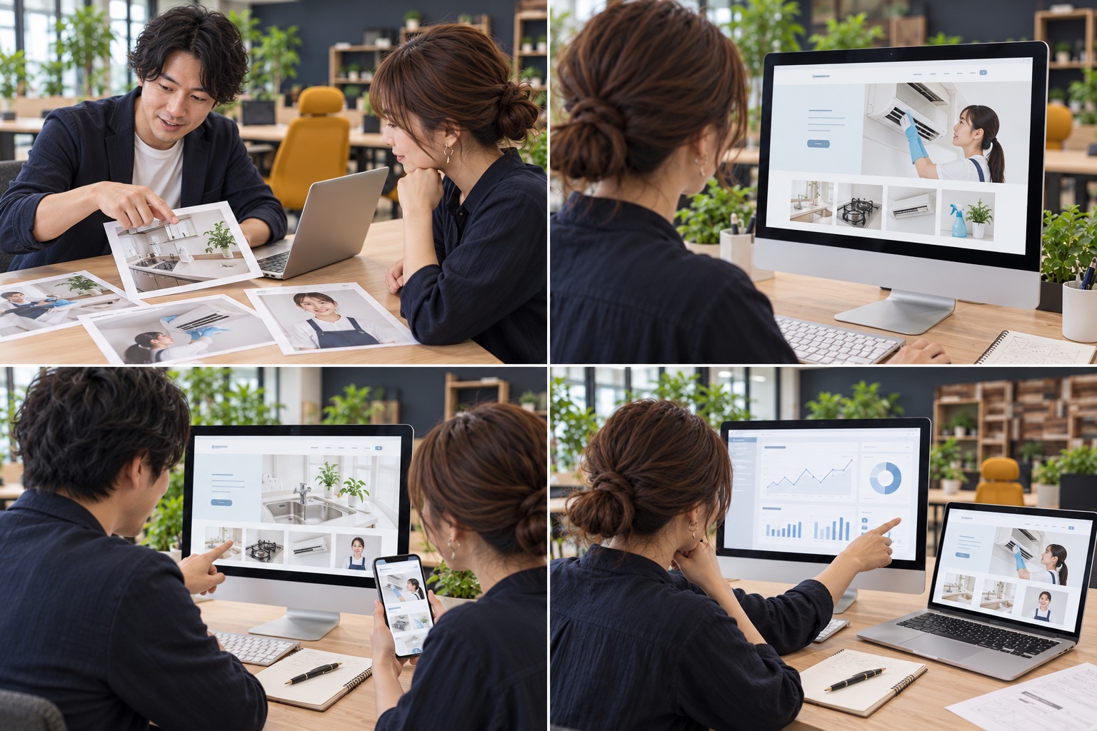 ハウスクリーニングの担当者と制作担当者が写真や資料を見ながら相談するイメージ（AI生成）