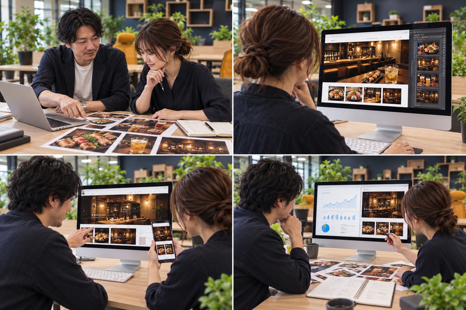 居酒屋・バーの担当者と制作担当者が写真や資料を見ながら相談するイメージ（AI生成）