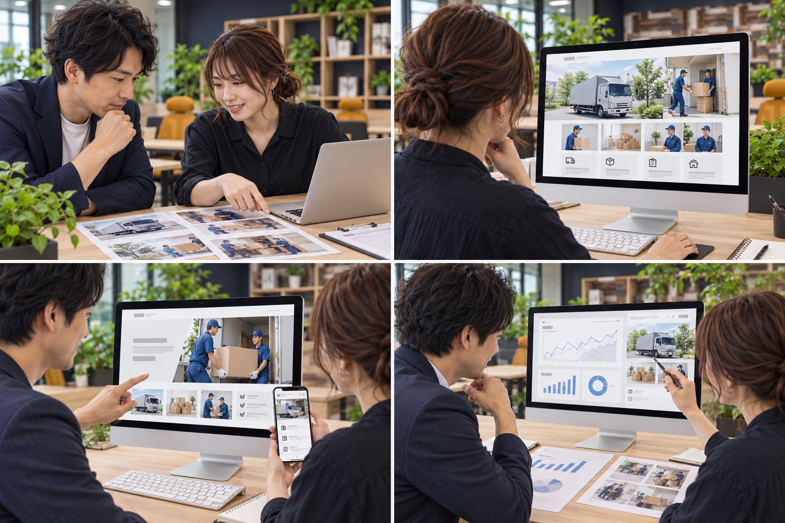 引越しの担当者と制作担当者が写真や資料を見ながら相談するイメージ（AI生成）