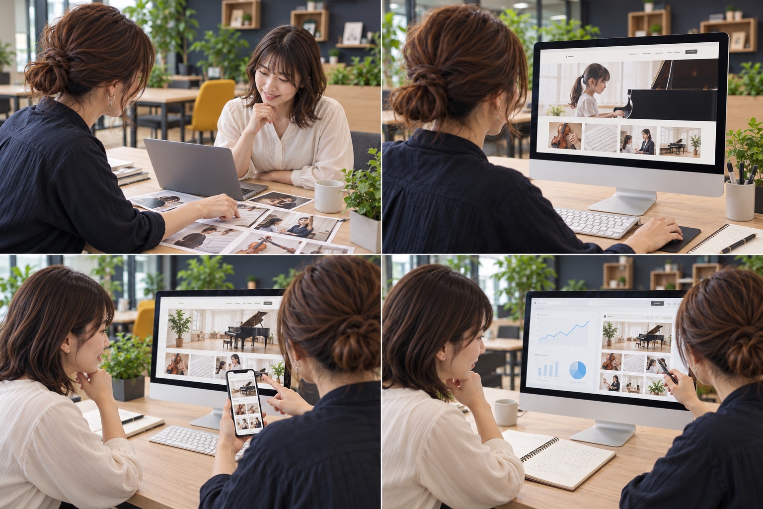 音楽教室の担当者と制作担当者が写真や資料を見ながら相談するイメージ（AI生成）