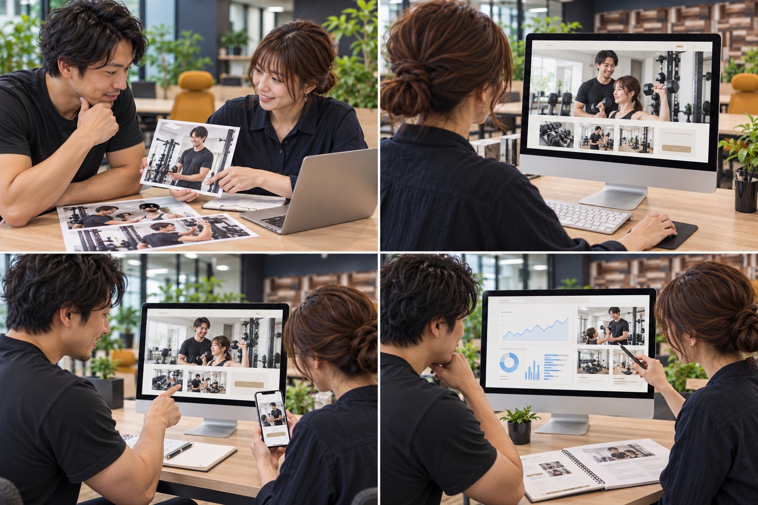 パーソナルジムの担当者と制作担当者が写真や資料を見ながら相談するイメージ（AI生成）