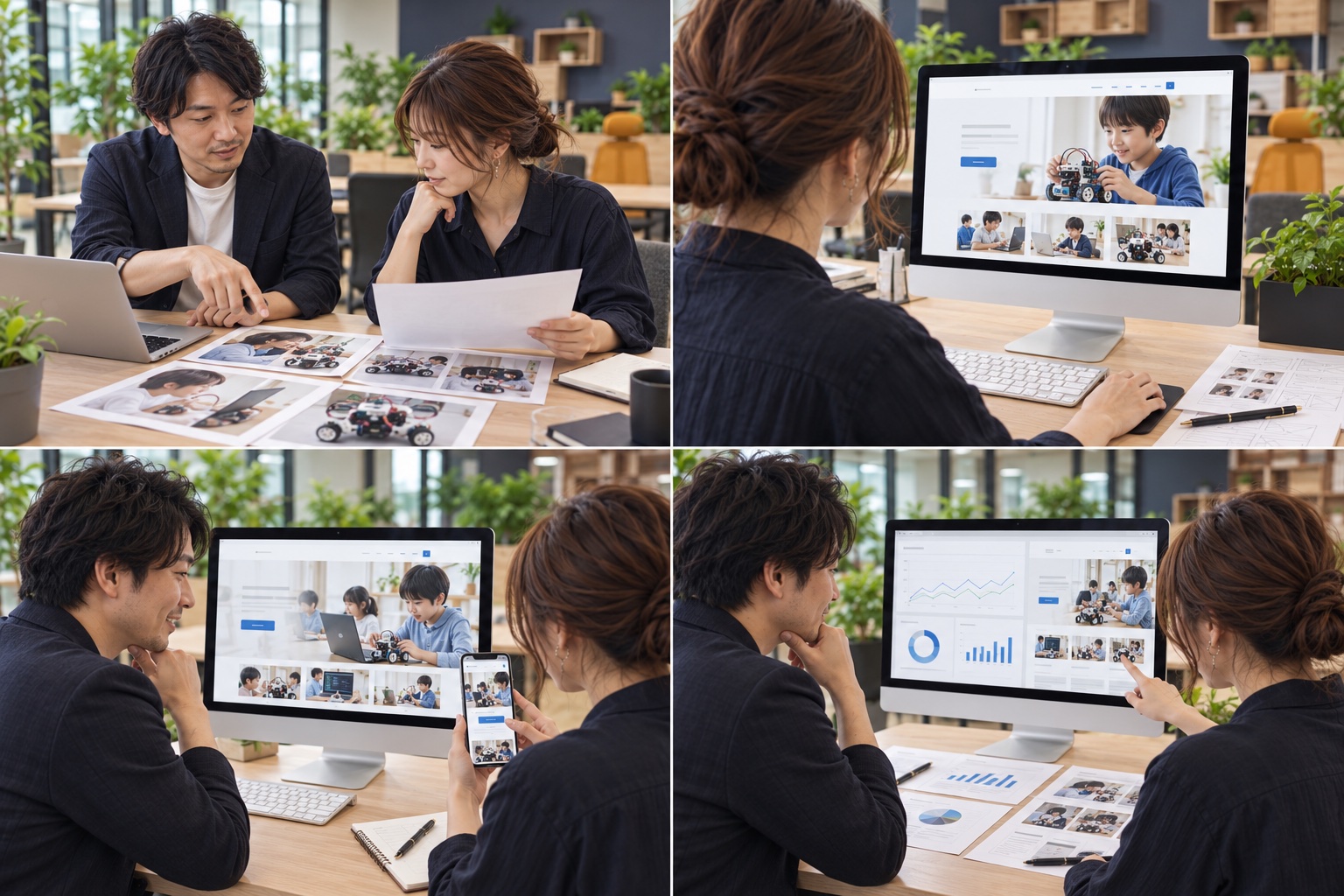 プログラミング教室の担当者と制作担当者が写真や資料を見ながら相談するイメージ（AI生成）