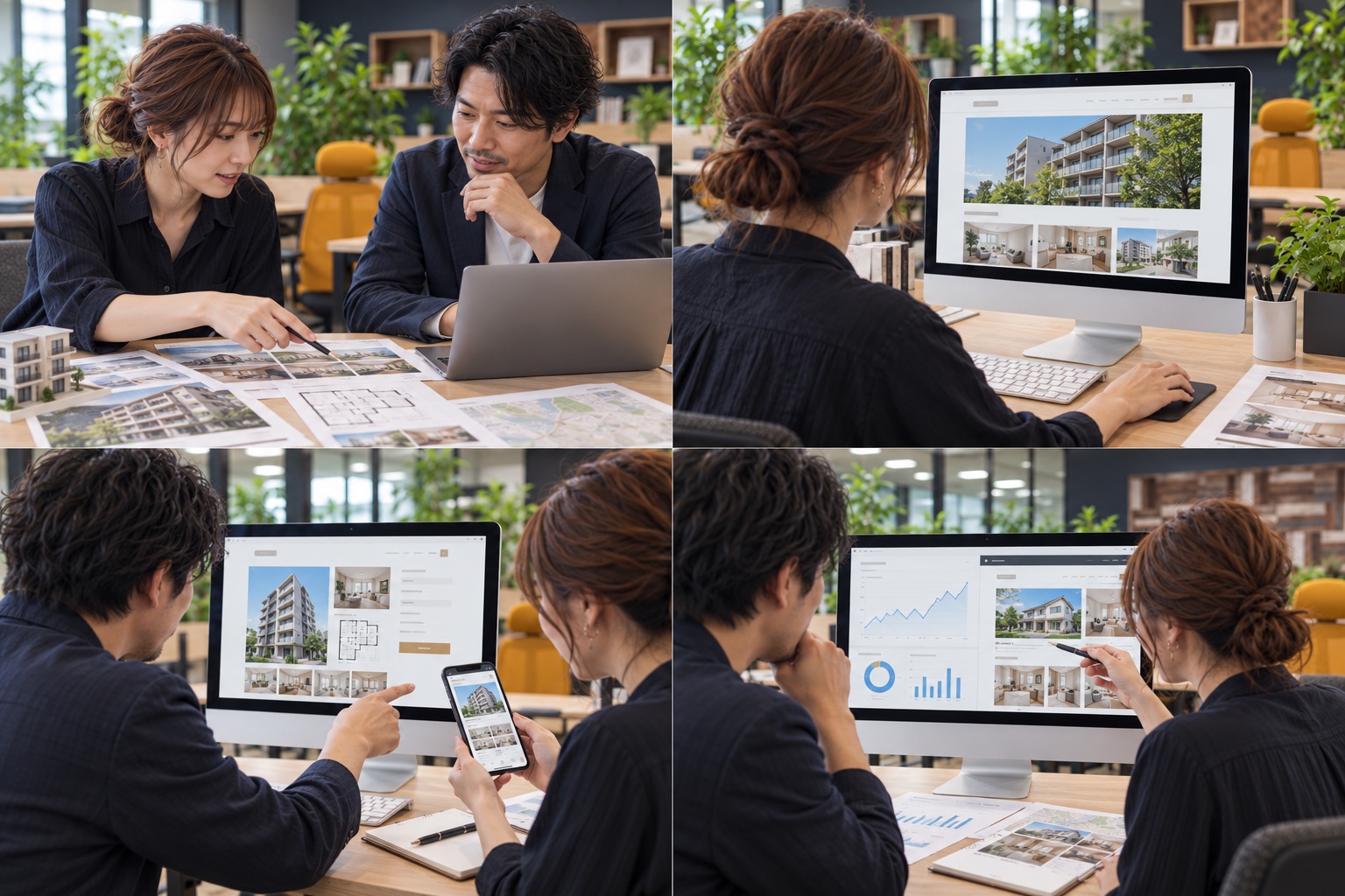 不動産仲介の担当者と制作担当者が写真や資料を見ながら相談するイメージ（AI生成）